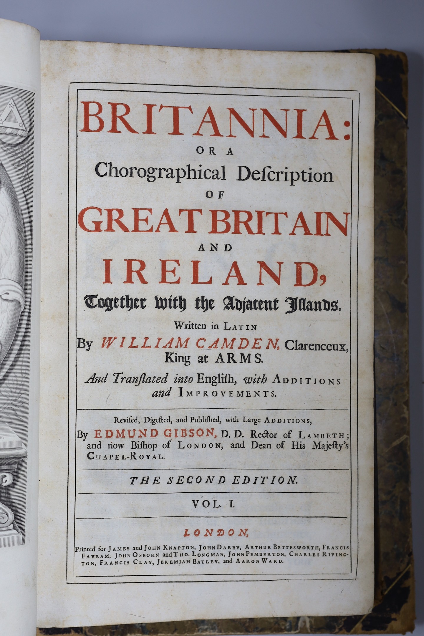 Camden, William. Britannia: or a Chorographical Description of Great Britain and Ireland....revised.... with large additions, by Edmund Gibson vol 1 (only, of 2), engraved portrait, plates and text illus. (without the Ro